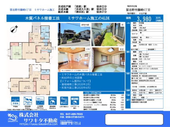 中古戸建 習志野市 藤崎４丁目 4ＬＤＫ 3,980万円
