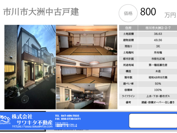 中古戸建 市川市 大洲２丁目 3Ｋ