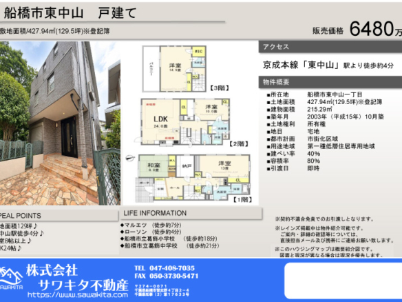 中古戸建 船橋市 東中山１丁目 4ＳＬＤＫ
