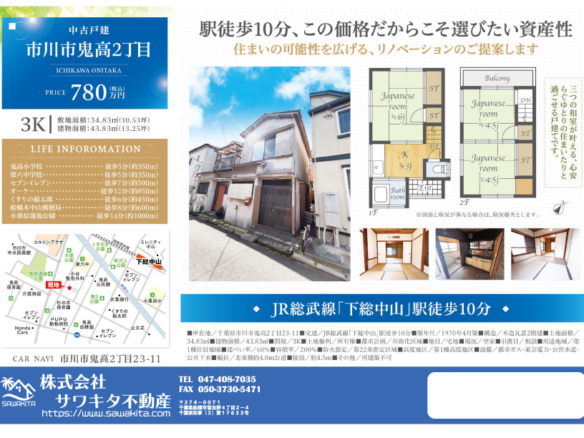 中古戸建 市川市 鬼高２丁目 3Ｋ