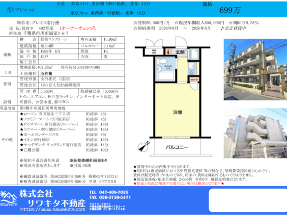 中古マンション 市川市 福栄３丁目 1Ｋ
