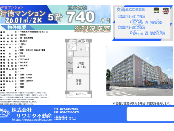 中古マンション 市川市 行徳駅前２丁目 2Ｋ